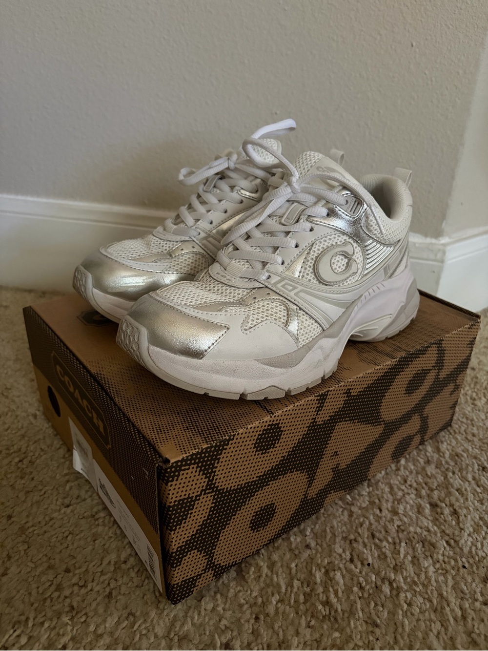Coach Women's Silver and White Athletic Sneakers
